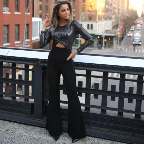 Black Halo Pants - BLACK HALO ANGIE Metallic Twist Front Cutout Wide Leg Jumpsuit Black WOMEN 6 USA